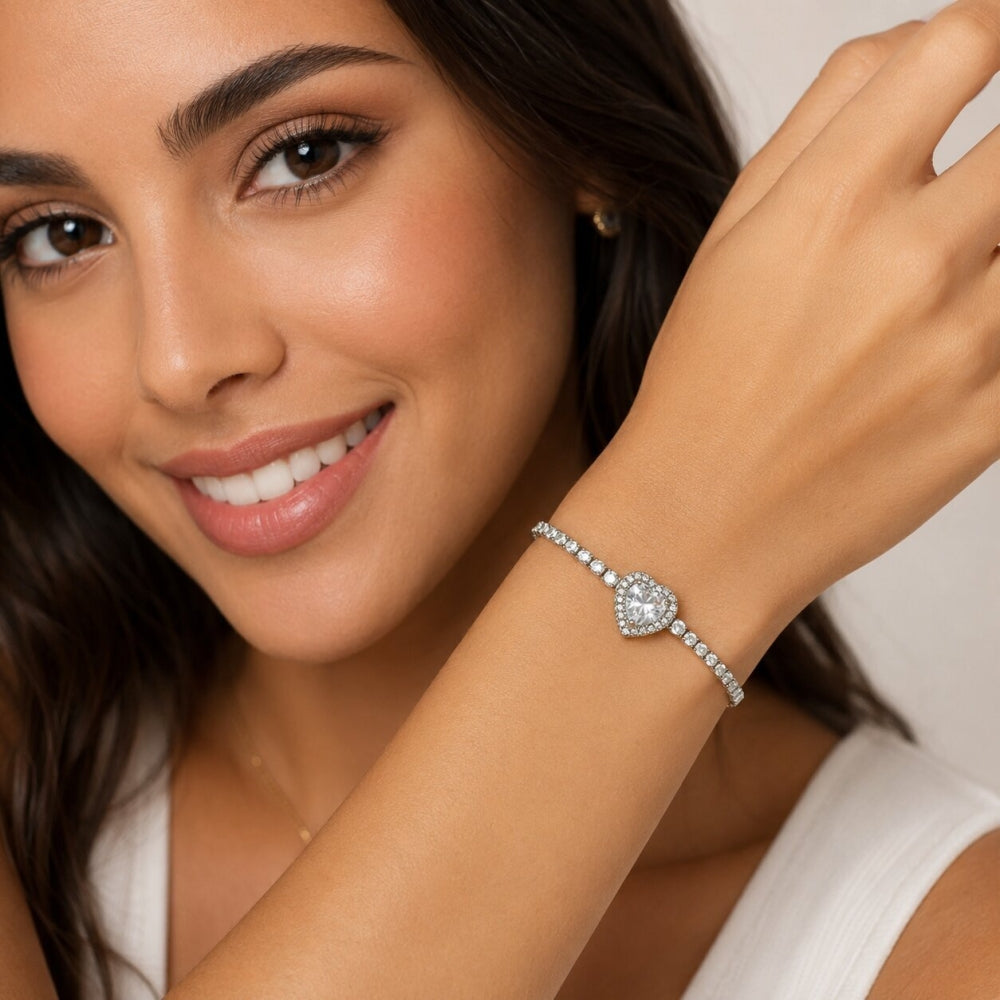 Rhodium Gold Filled Fancy Bracelet, Heart and Cluster Design, with White Cubic Zirconia, Polished, Rhodium Finish