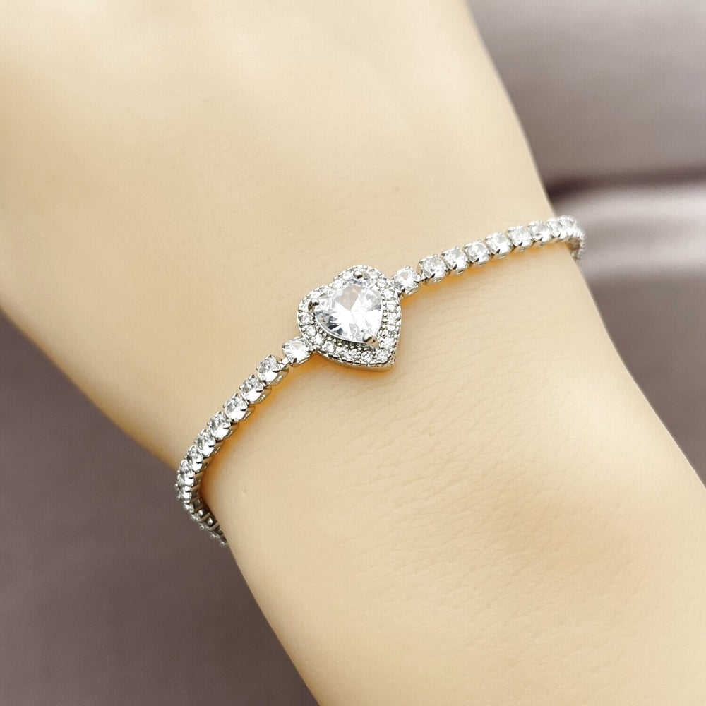 Rhodium Gold Filled Fancy Bracelet, Heart and Cluster Design, with White Cubic Zirconia, Polished, Rhodium Finish