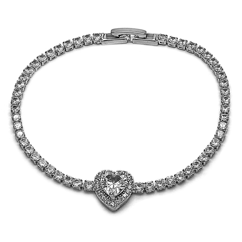 Rhodium Gold Filled Fancy Bracelet, Heart and Cluster Design, with White Cubic Zirconia, Polished, Rhodium Finish