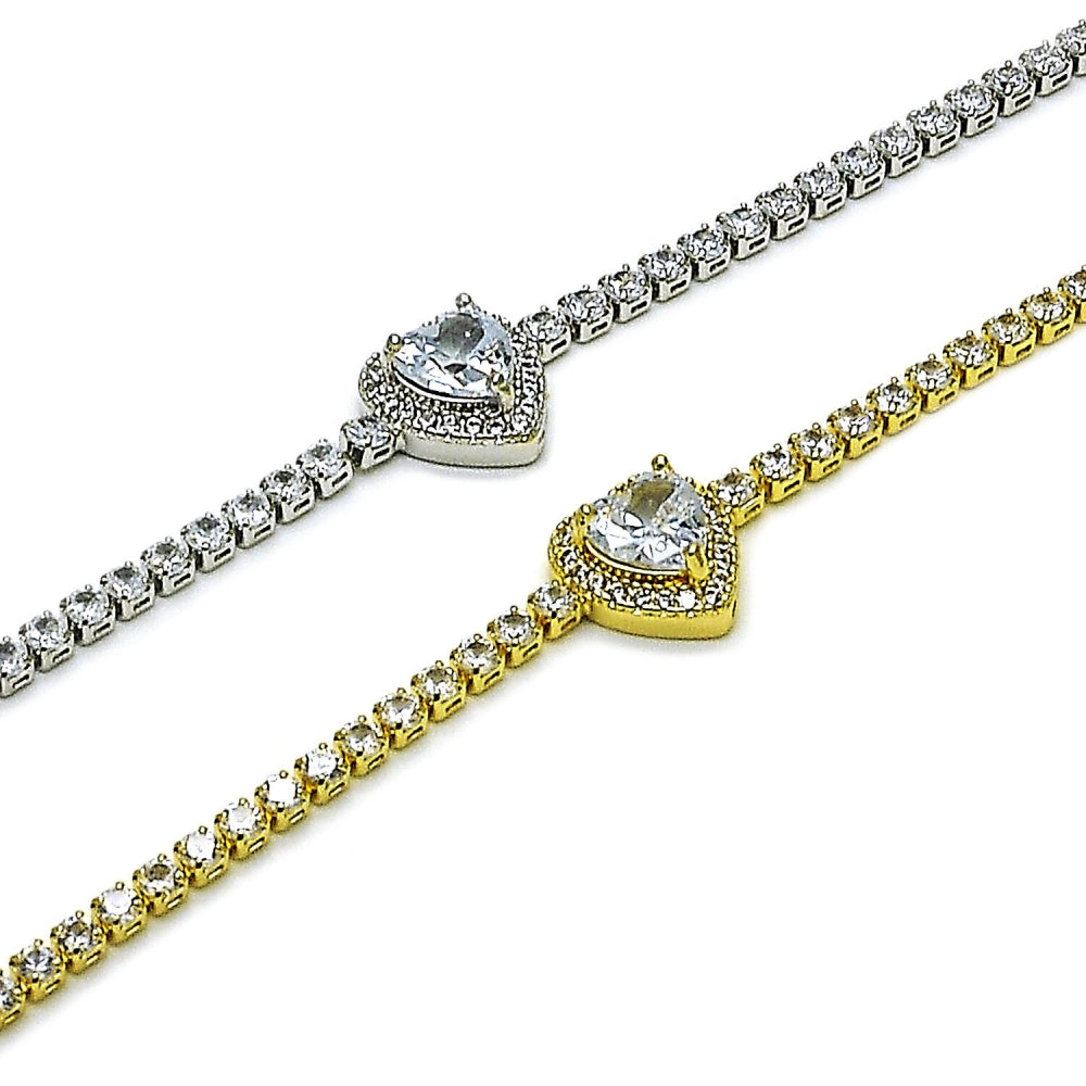 Rhodium Gold Filled Fancy Bracelet, Heart and Cluster Design, with White Cubic Zirconia, Polished, Rhodium Finish