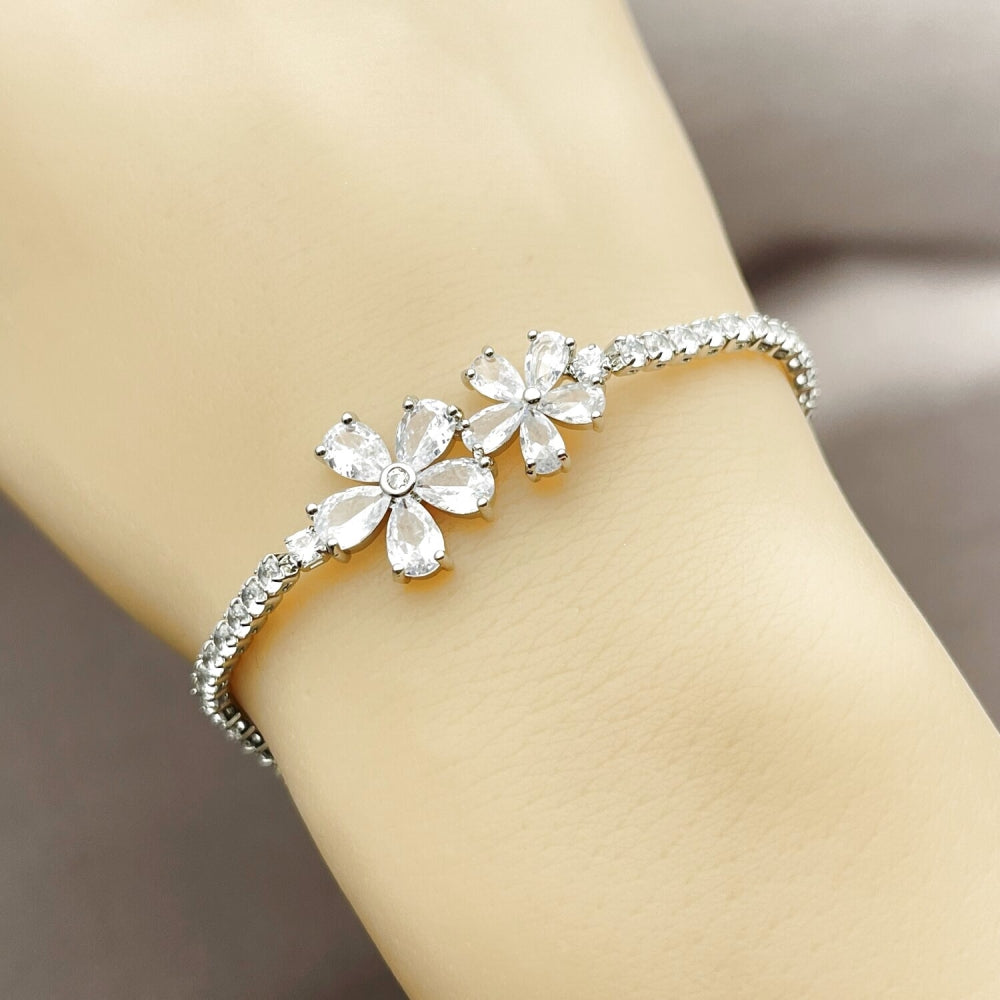 White Gold Filled Fancy Bracelet, Flower Design, with White Cubic Zirconia, Polished, Rhodium Finish