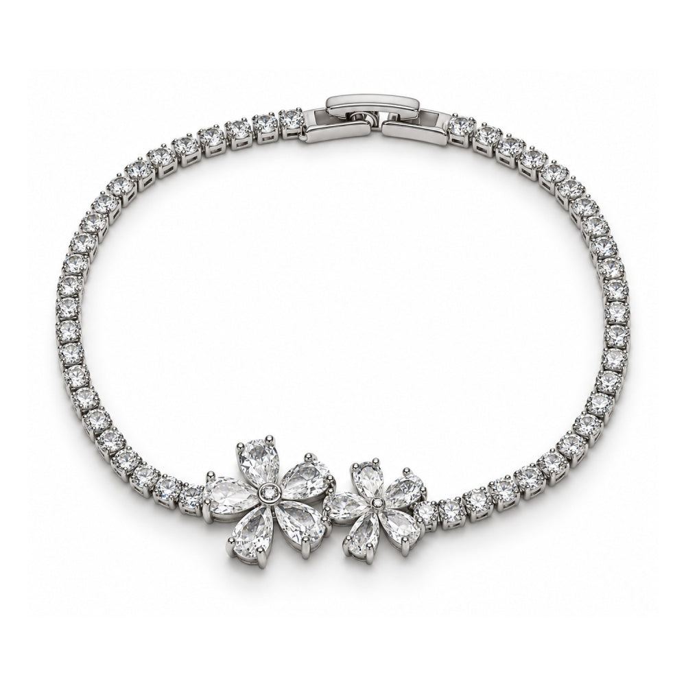 White Gold Filled Fancy Bracelet, Flower Design, with White Cubic Zirconia, Polished, Rhodium Finish