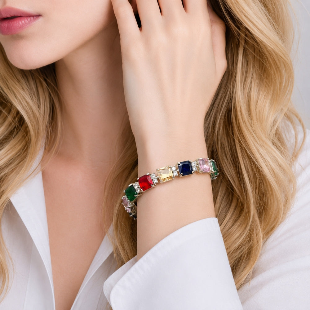 White Gold Filled Tennis Bracelet, with Multicolor and White Cubic Zirconia, Polished, Rhodium Finish
