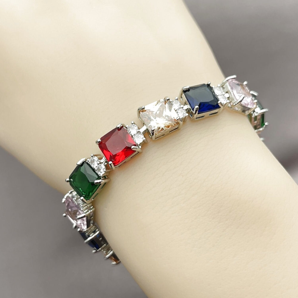 White Gold Filled Tennis Bracelet, with Multicolor and White Cubic Zirconia, Polished, Rhodium Finish