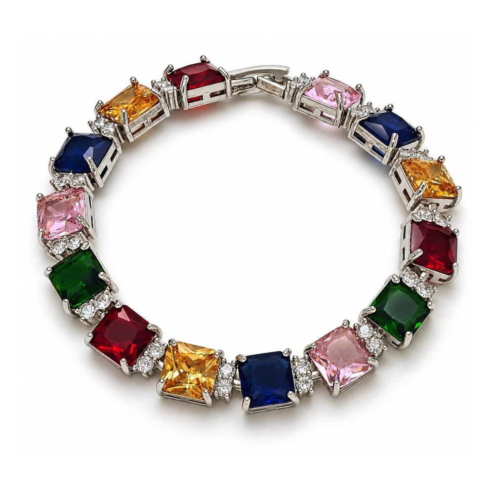 White Gold Filled Tennis Bracelet, with Multicolor and White Cubic Zirconia, Polished, Rhodium Finish