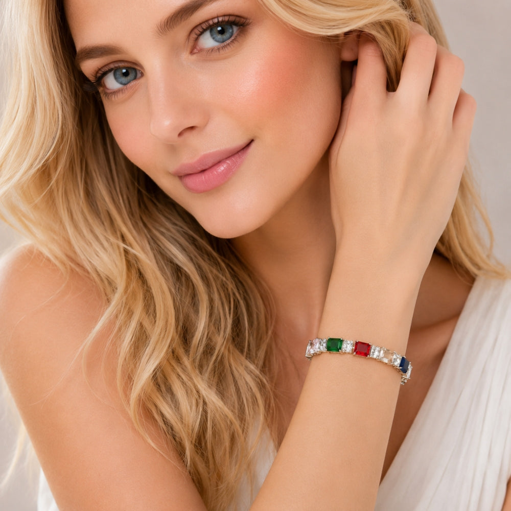 White Gold Filled Tennis Bracelet, with Multicolor and White Cubic Zirconia, Polished, Rhodium Finish