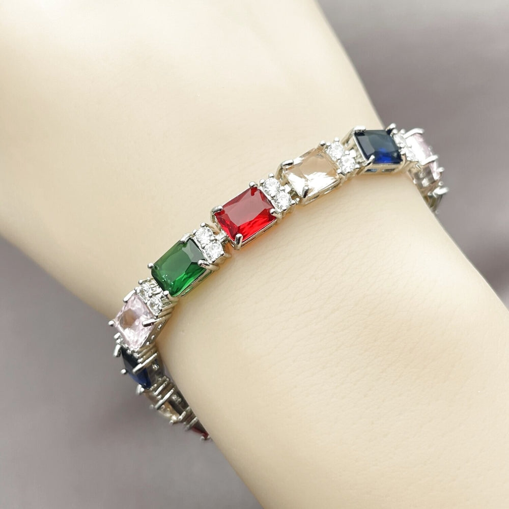 White Gold Filled Tennis Bracelet, with Multicolor and White Cubic Zirconia, Polished, Rhodium Finish