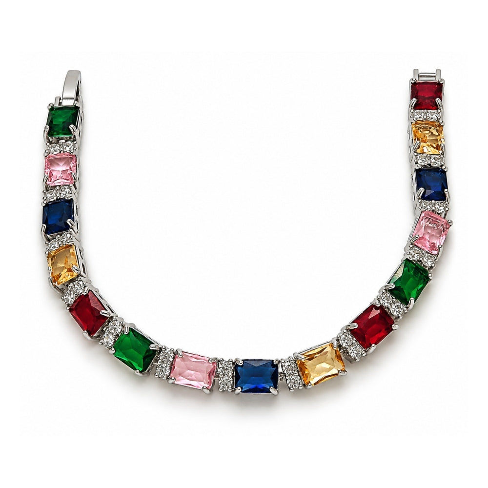White Gold Filled Tennis Bracelet, with Multicolor and White Cubic Zirconia, Polished, Rhodium Finish