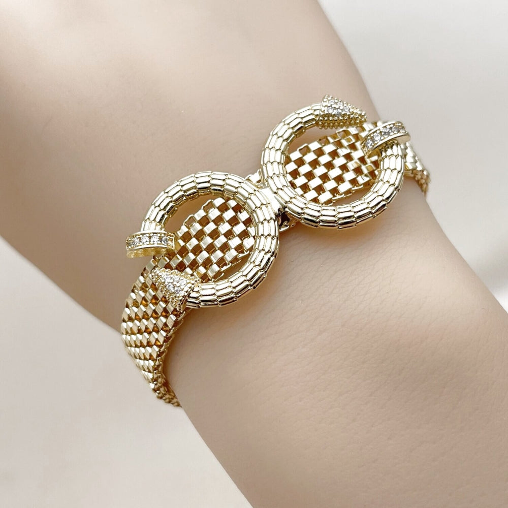 Oro Laminado Fancy Bracelet, Gold Filled Style Nail Design, with White Cubic Zirconia, Polished, Golden Finish