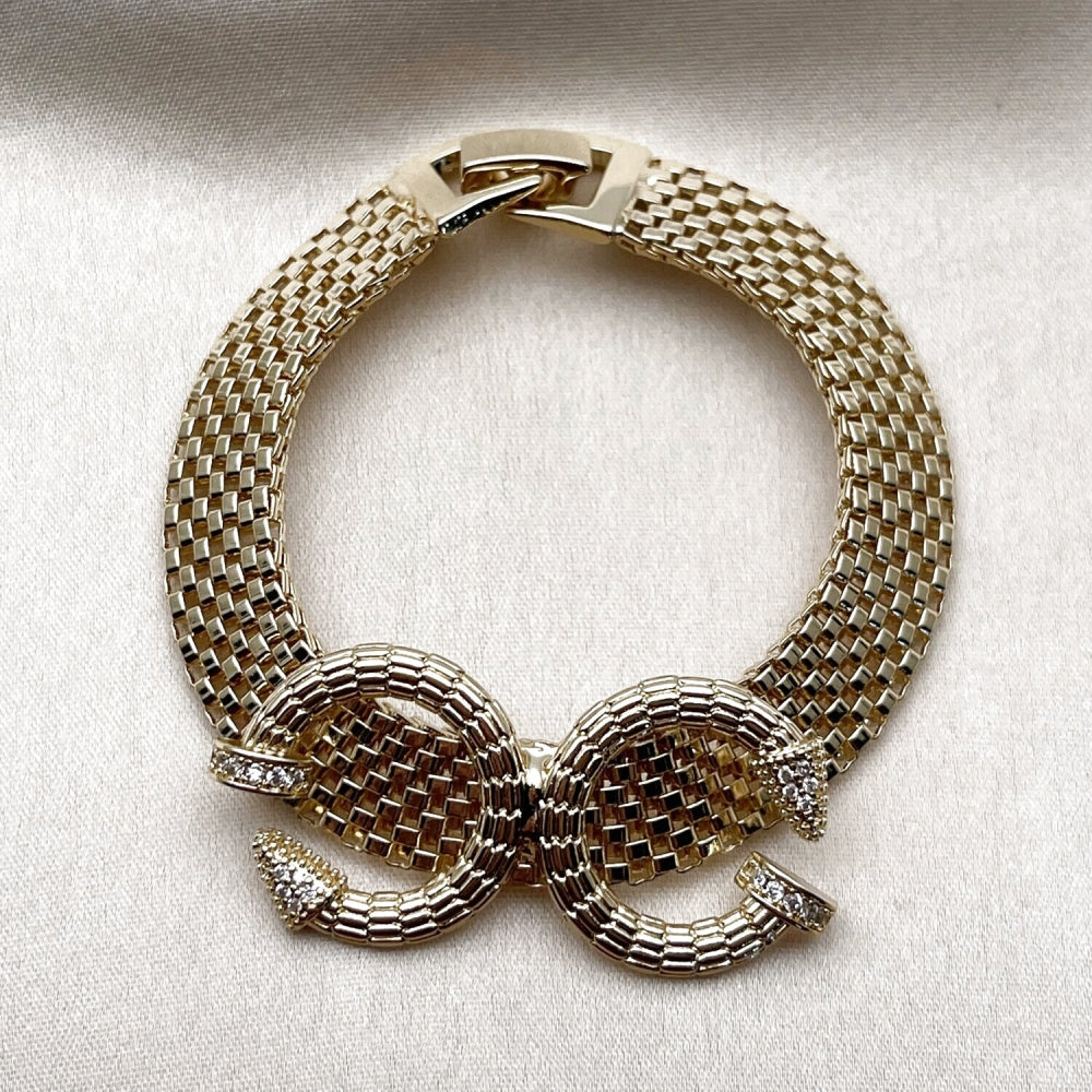 Oro Laminado Fancy Bracelet, Gold Filled Style Nail Design, with White Cubic Zirconia, Polished, Golden Finish