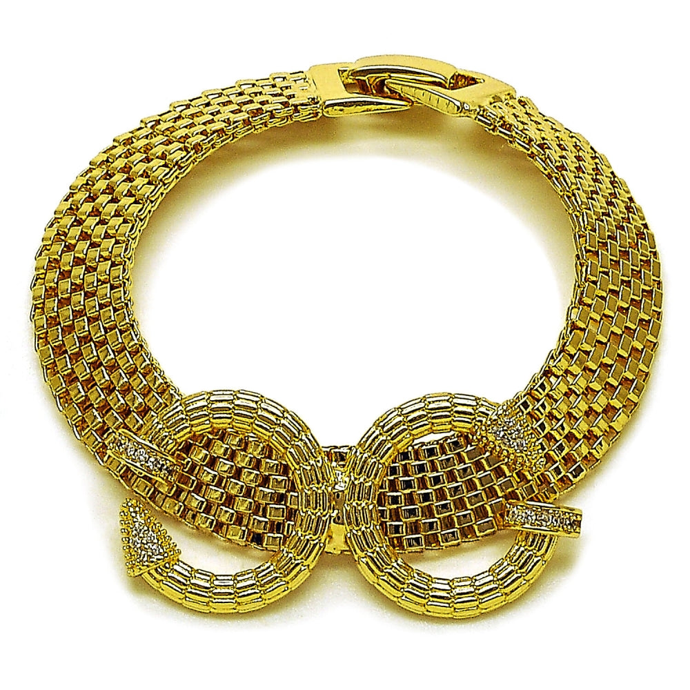 Oro Laminado Fancy Bracelet, Gold Filled Style Nail Design, with White Cubic Zirconia, Polished, Golden Finish