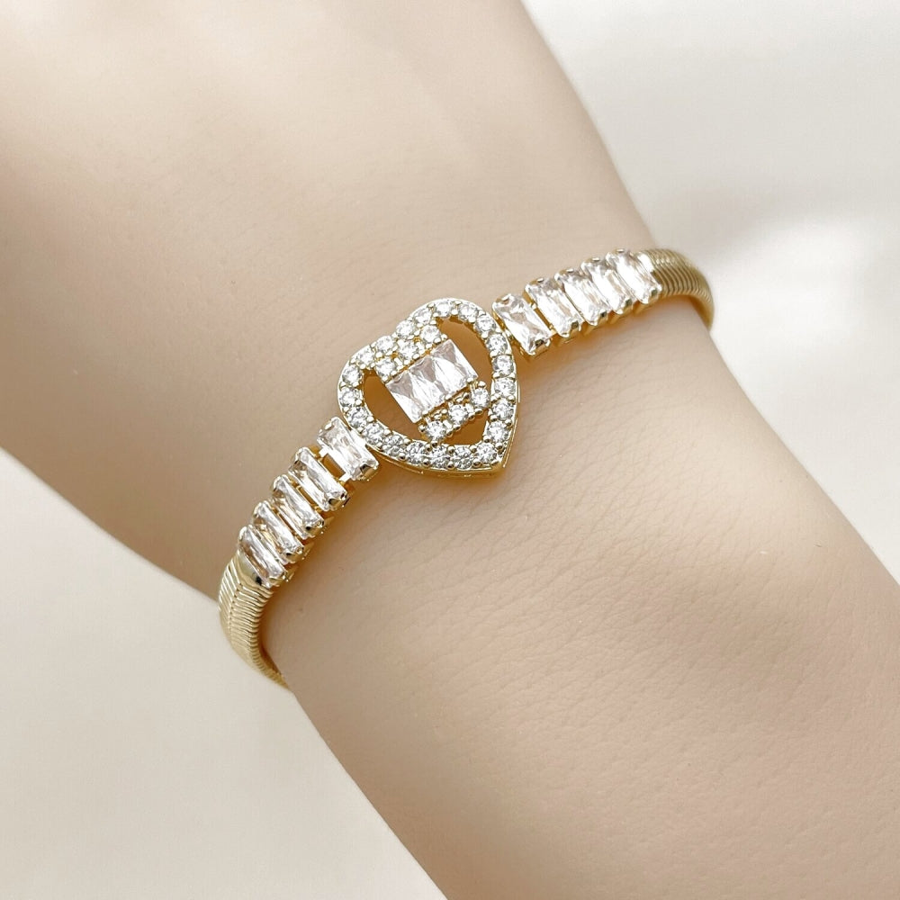 Oro Laminado Fancy Bracelet, Gold Filled Style Heart and Baguette Design, with White Cubic Zirconia, Polished, Golden Finish