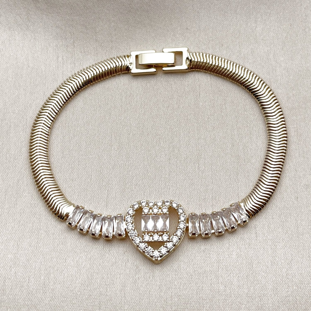 Oro Laminado Fancy Bracelet, Gold Filled Style Heart and Baguette Design, with White Cubic Zirconia, Polished, Golden Finish