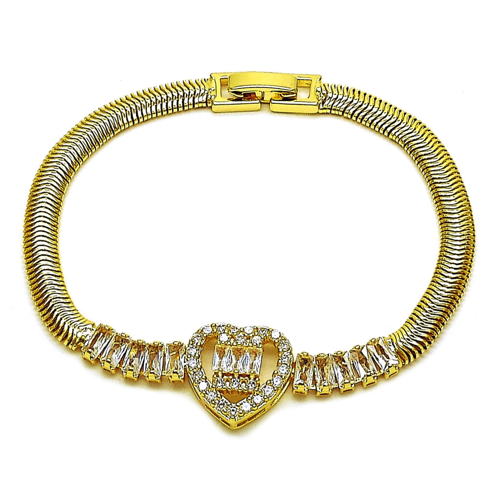 Oro Laminado Fancy Bracelet, Gold Filled Style Heart and Baguette Design, with White Cubic Zirconia, Polished, Golden Finish