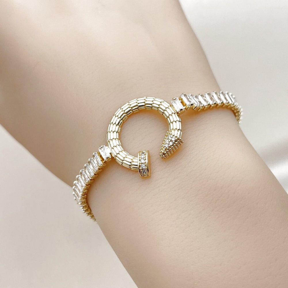 Oro Laminado Fancy Bracelet, Gold Filled Style Nail and Baguette Design, with White Cubic Zirconia, Polished, Golden Finish