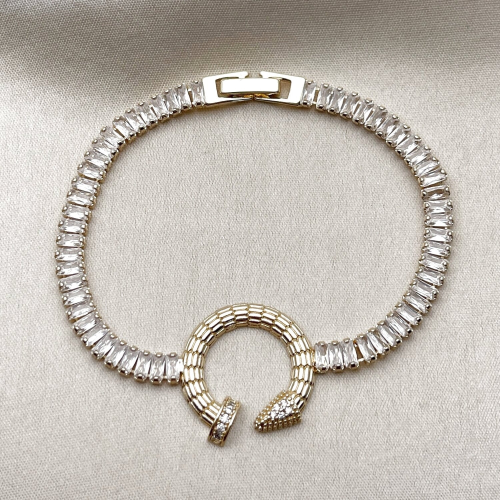 Oro Laminado Fancy Bracelet, Gold Filled Style Nail and Baguette Design, with White Cubic Zirconia, Polished, Golden Finish