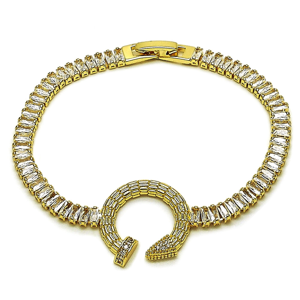 Oro Laminado Fancy Bracelet, Gold Filled Style Nail and Baguette Design, with White Cubic Zirconia, Polished, Golden Finish