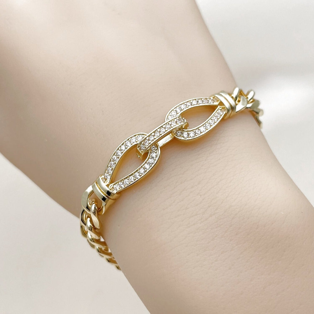 Oro Laminado Fancy Bracelet, Gold Filled Style Belt Buckle and Teardrop Design, with White Cubic Zirconia, Polished, Golden Finish
