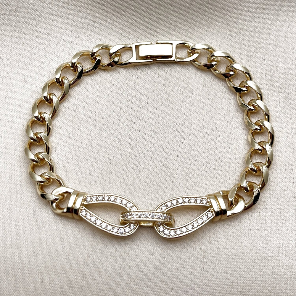 Oro Laminado Fancy Bracelet, Gold Filled Style Belt Buckle and Teardrop Design, with White Cubic Zirconia, Polished, Golden Finish