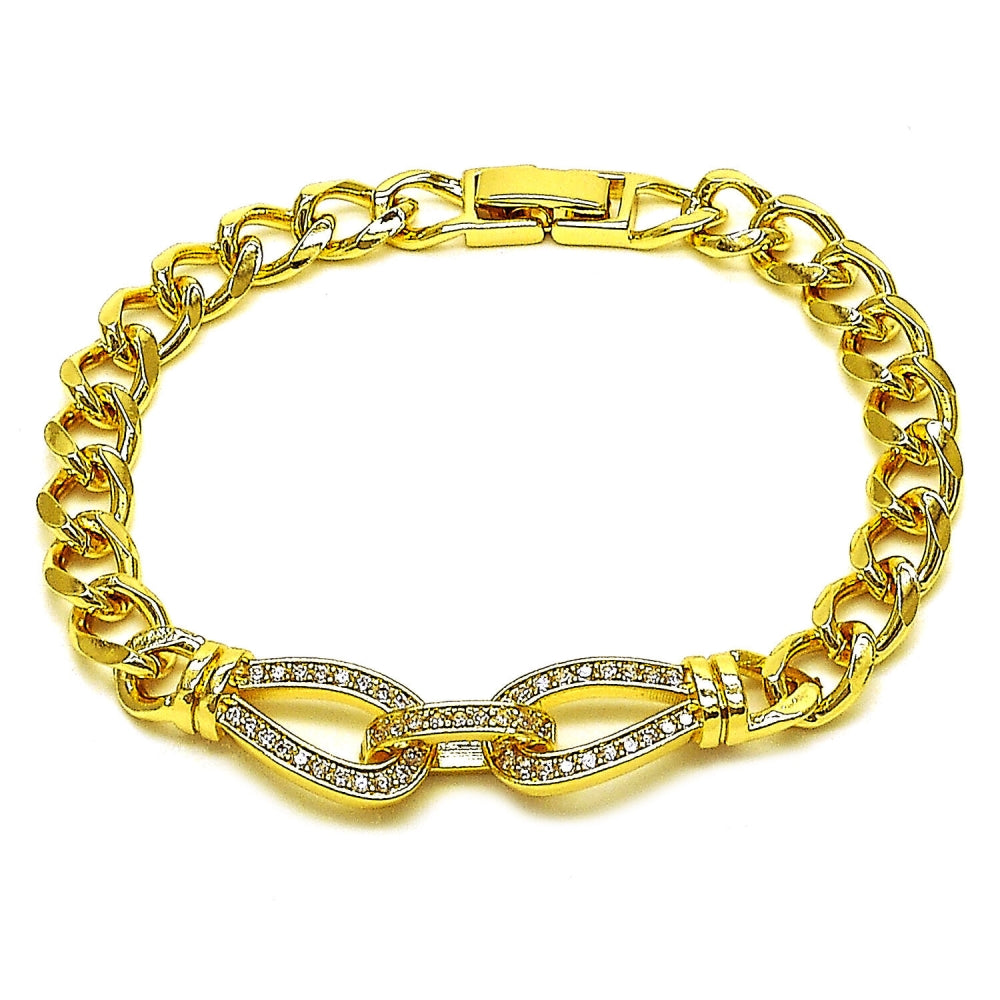 Oro Laminado Fancy Bracelet, Gold Filled Style Belt Buckle and Teardrop Design, with White Cubic Zirconia, Polished, Golden Finish