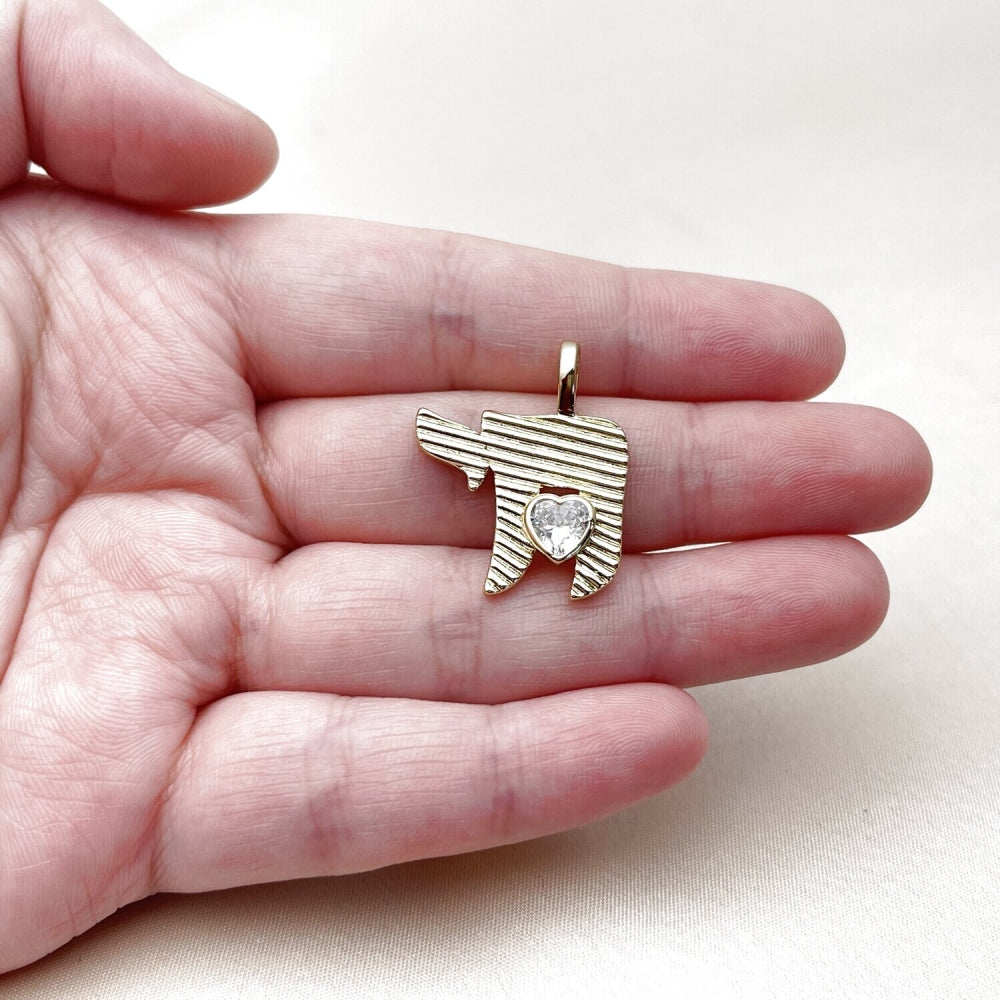 Oro Laminado Religious Pendant, Gold Filled Style Heart and Judaica Design, with White Cubic Zirconia, Polished, Golden Finish
