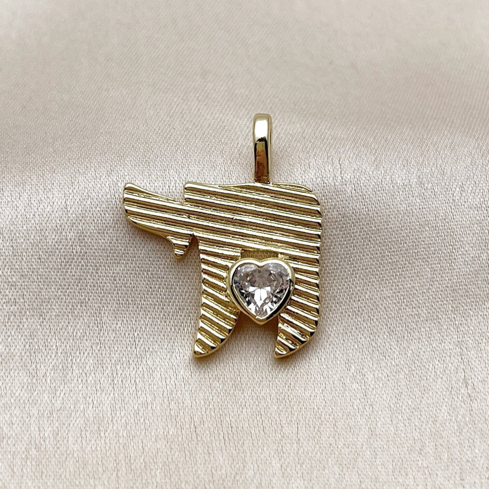 Oro Laminado Religious Pendant, Gold Filled Style Heart and Judaica Design, with White Cubic Zirconia, Polished, Golden Finish