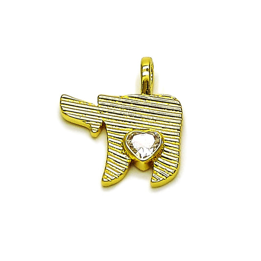 Oro Laminado Religious Pendant, Gold Filled Style Heart and Judaica Design, with White Cubic Zirconia, Polished, Golden Finish