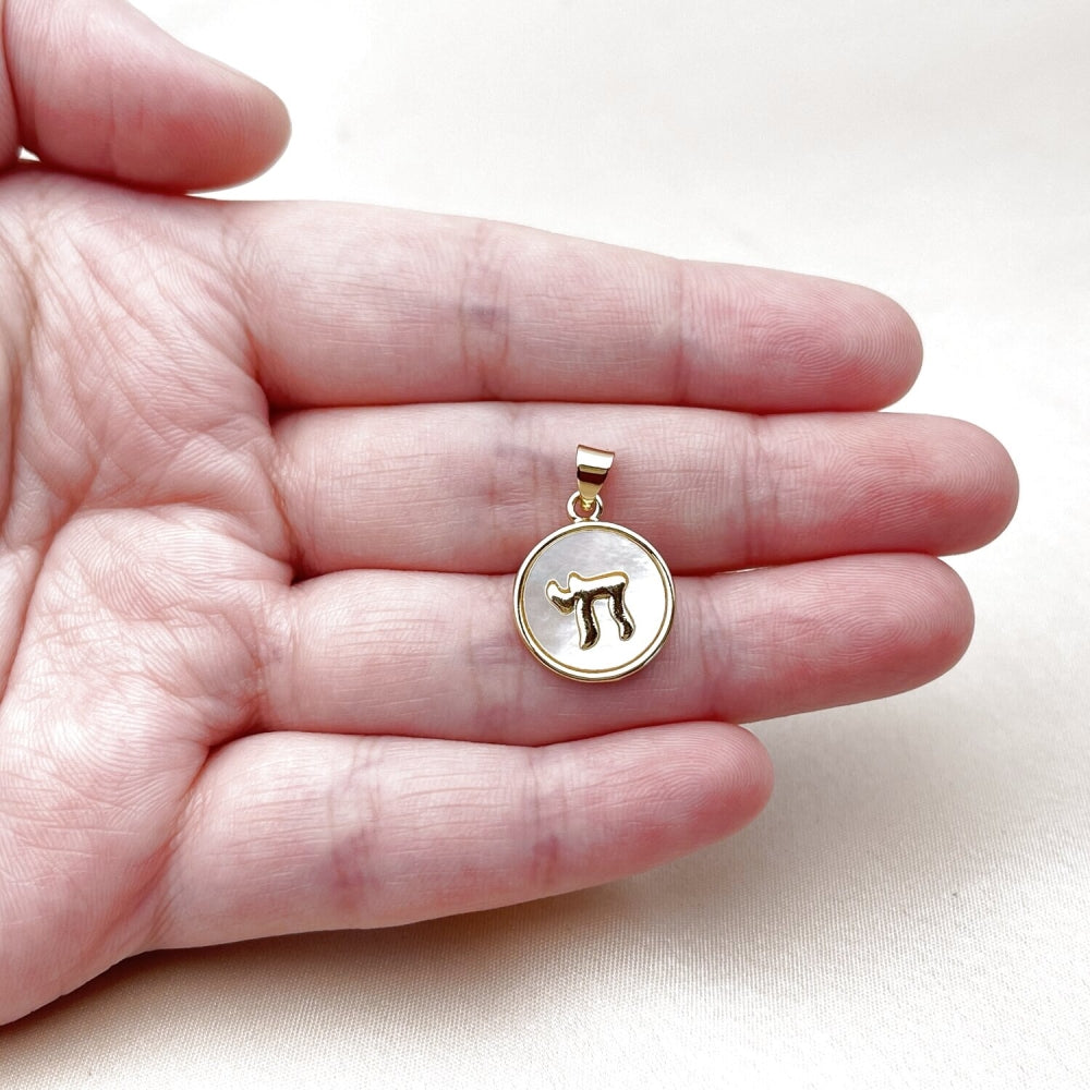 Oro Laminado Religious Pendant, Gold Filled Style Judaica Design, with Ivory Mother of Pearl, Polished, Golden Finish