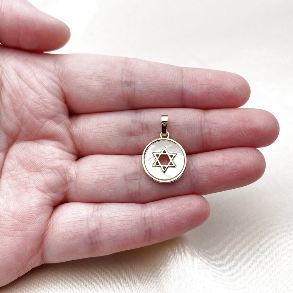 Oro Laminado Religious Pendant, Gold Filled Style Star of David and Judaica Design, with Ivory Mother of Pearl, Polished, Golden Finish