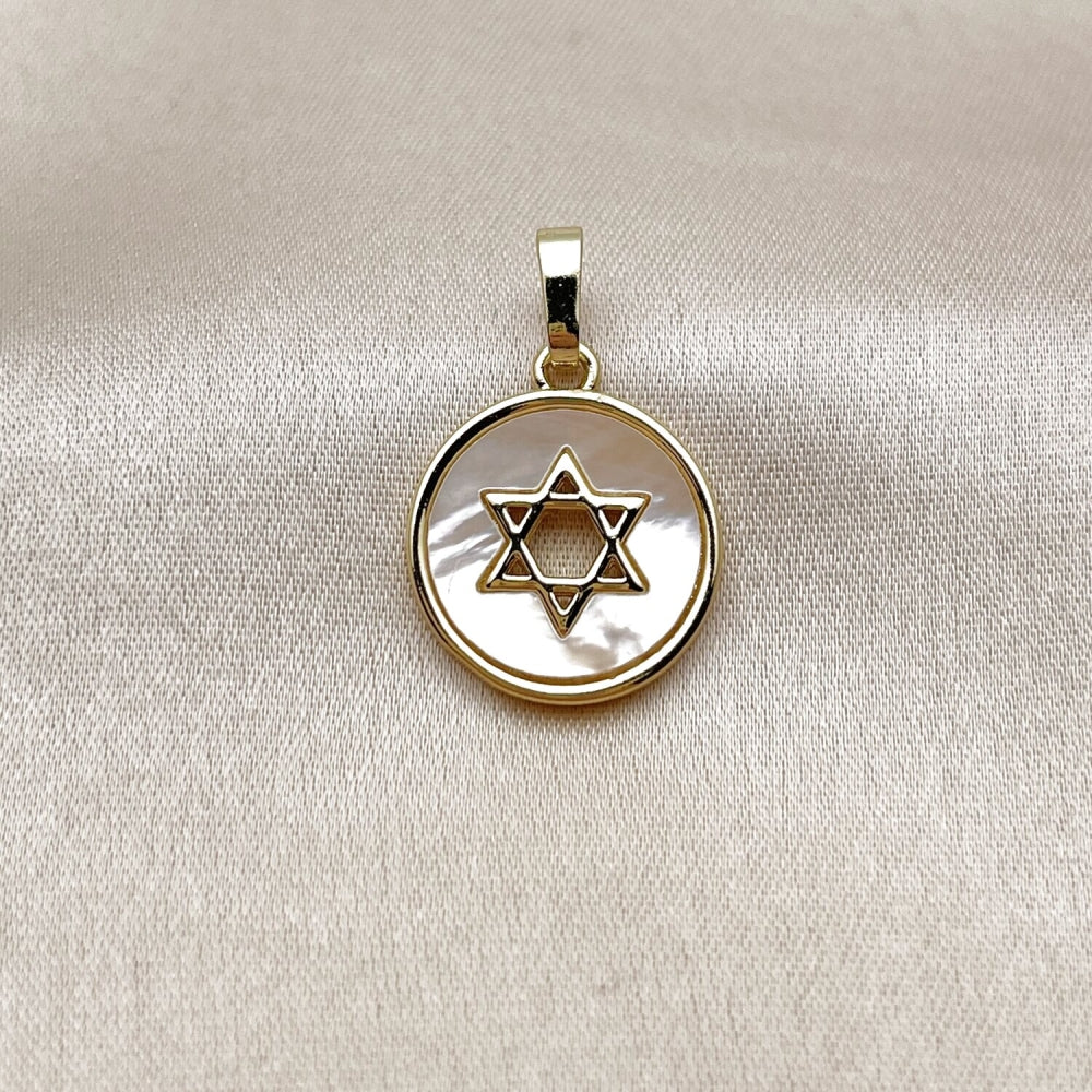 Oro Laminado Religious Pendant, Gold Filled Style Star of David and Judaica Design, with Ivory Mother of Pearl, Polished, Golden Finish