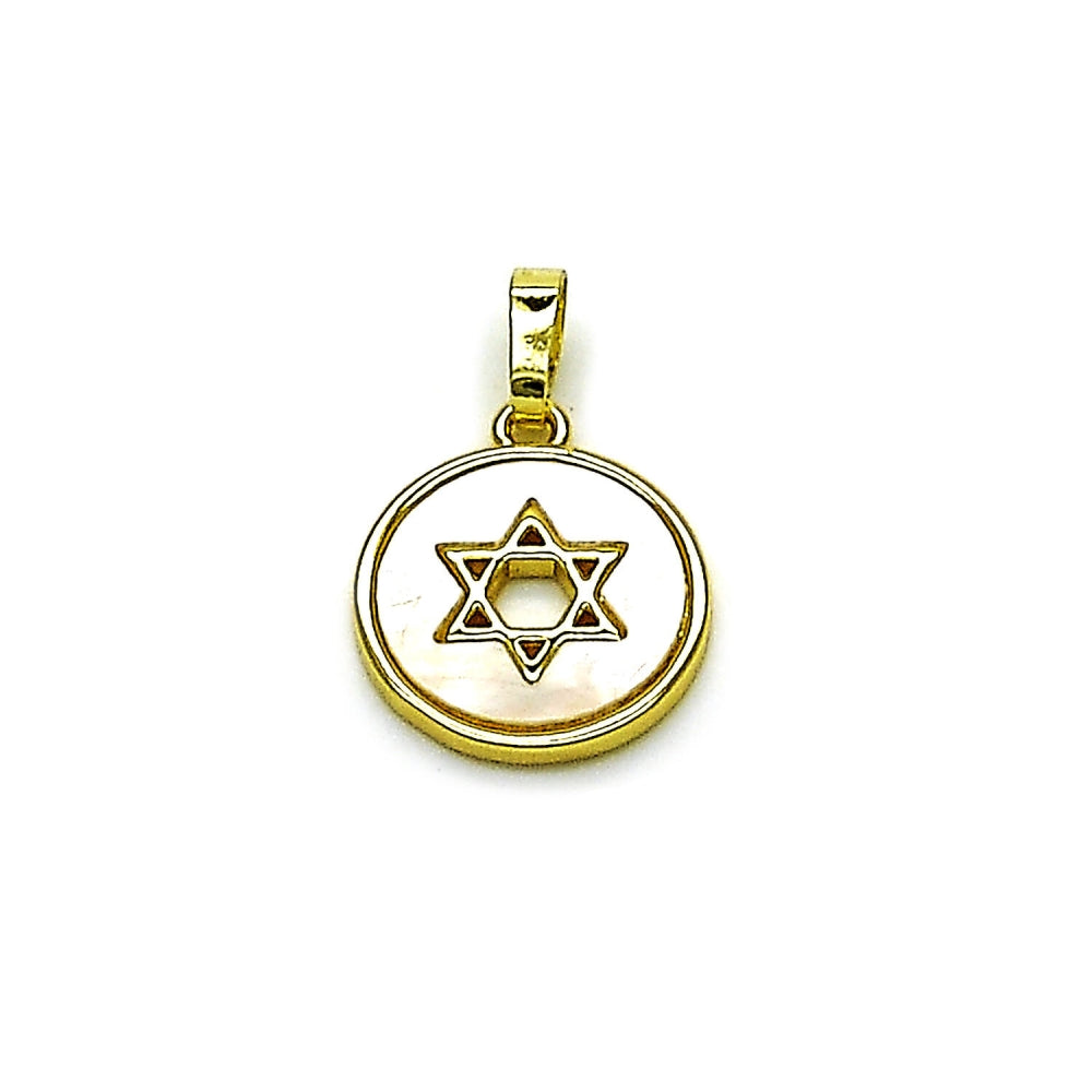 Oro Laminado Religious Pendant, Gold Filled Style Star of David and Judaica Design, with Ivory Mother of Pearl, Polished, Golden Finish