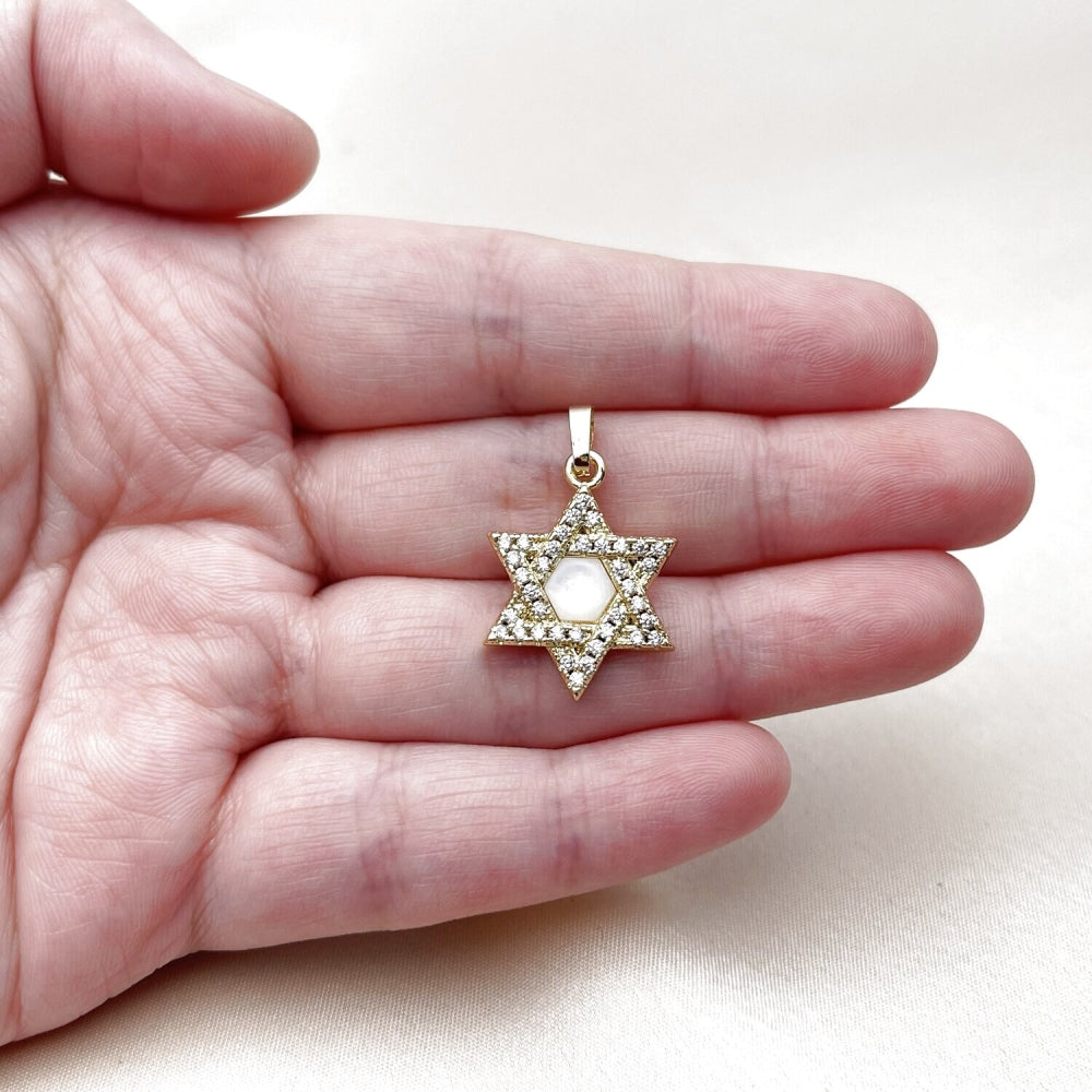 Oro Laminado Religious Pendant, Gold Filled Style Star of David and Judaica Design, with White Cubic Zirconia and Ivory Mother of Pearl, Polished, Golden Finish