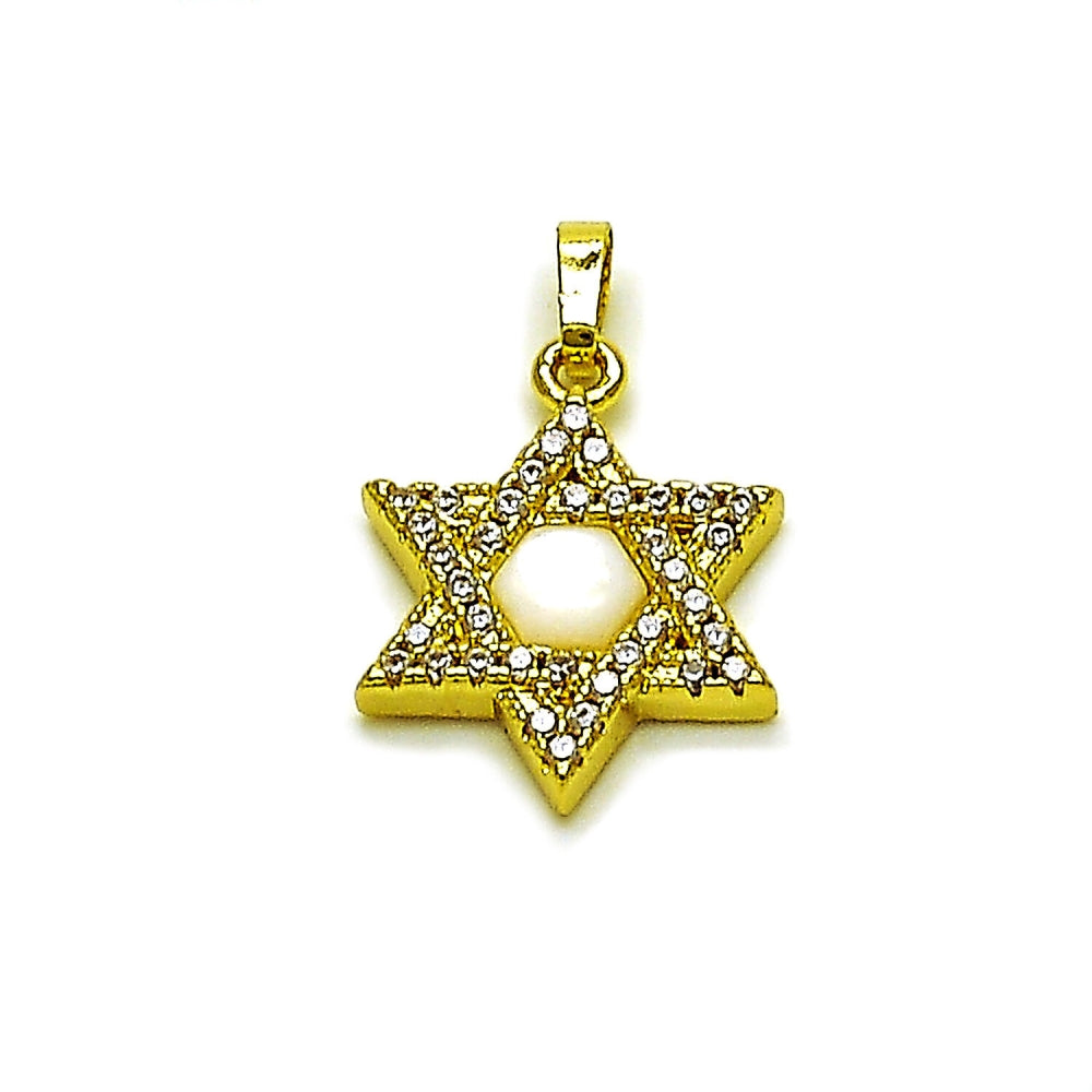 Oro Laminado Religious Pendant, Gold Filled Style Star of David and Judaica Design, with White Cubic Zirconia and Ivory Mother of Pearl, Polished, Golden Finish
