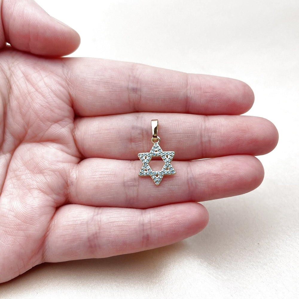 Oro Laminado Religious Pendant, Gold Filled Style Star of David and Judaica Design, with White Micro Pave, Polished, Golden Finish