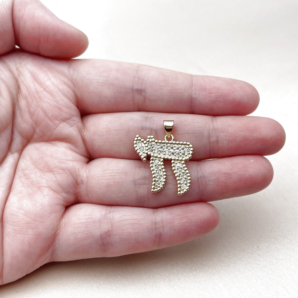 Oro Laminado Religious Pendant, Gold Filled Style Judaica Design, with White Cubic Zirconia, Polished, Golden Finish