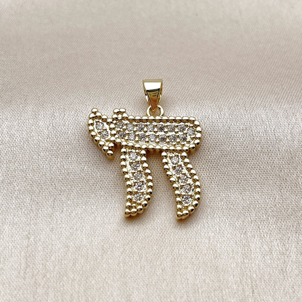 Oro Laminado Religious Pendant, Gold Filled Style Judaica Design, with White Cubic Zirconia, Polished, Golden Finish