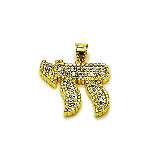 Oro Laminado Religious Pendant, Gold Filled Style Judaica Design, with White Cubic Zirconia, Polished, Golden Finish