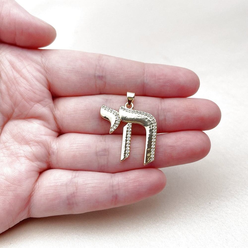 Oro Laminado Religious Pendant, Gold Filled Style Judaica Design, with White Micro Pave, Polished, Golden Finish