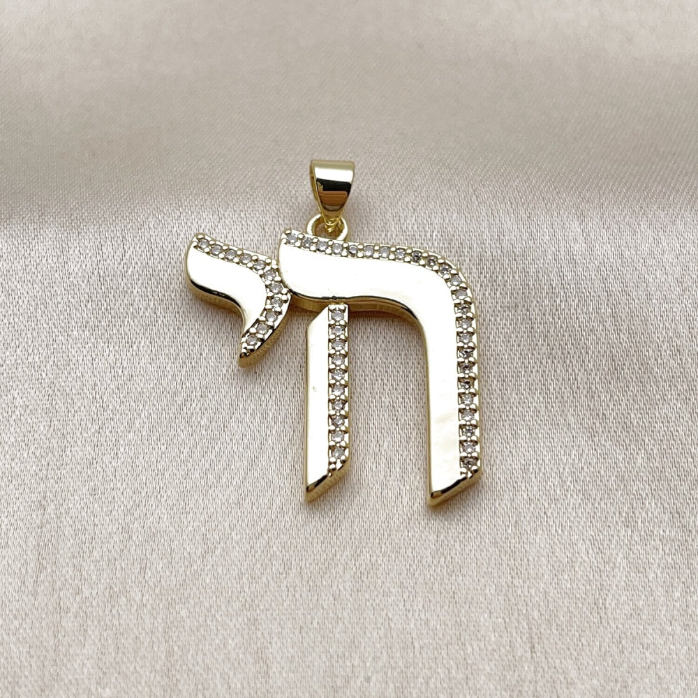 Oro Laminado Religious Pendant, Gold Filled Style Judaica Design, with White Micro Pave, Polished, Golden Finish