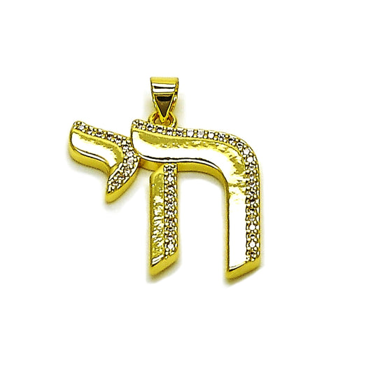 Oro Laminado Religious Pendant, Gold Filled Style Judaica Design, with White Micro Pave, Polished, Golden Finish