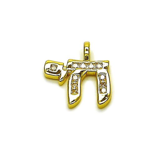 Oro Laminado Religious Pendant, Gold Filled Style Judaica Design, with White Cubic Zirconia, Polished, Golden Finish