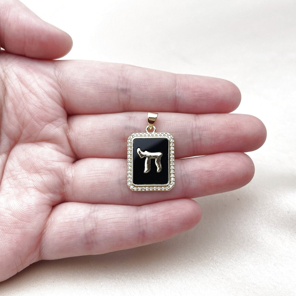 Oro Laminado Religious Pendant, Gold Filled Style Judaica Design, with Black Mother of Pearl and White Micro Pave, Polished, Golden Finish