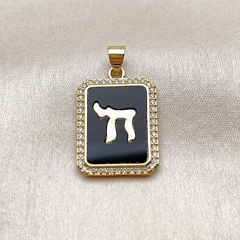 Oro Laminado Religious Pendant, Gold Filled Style Judaica Design, with Black Mother of Pearl and White Micro Pave, Polished, Golden Finish