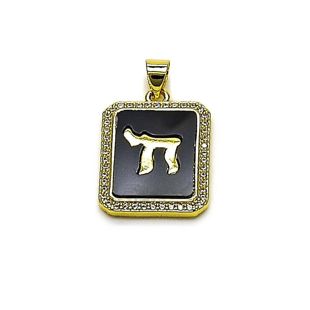 Oro Laminado Religious Pendant, Gold Filled Style Judaica Design, with Black Mother of Pearl and White Micro Pave, Polished, Golden Finish