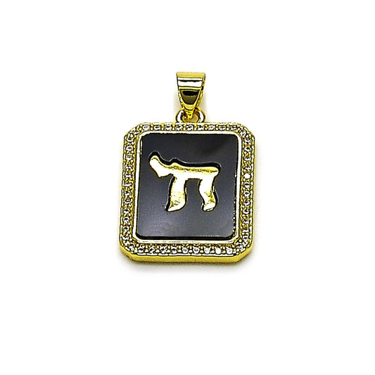 Oro Laminado Religious Pendant, Gold Filled Style Judaica Design, with Black Mother of Pearl and White Micro Pave, Polished, Golden Finish