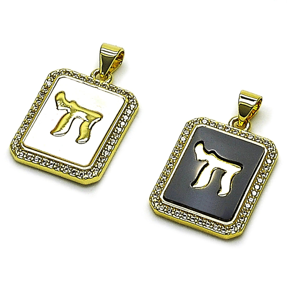 Oro Laminado Religious Pendant, Gold Filled Style Judaica Design, with Black Mother of Pearl and White Micro Pave, Polished, Golden Finish