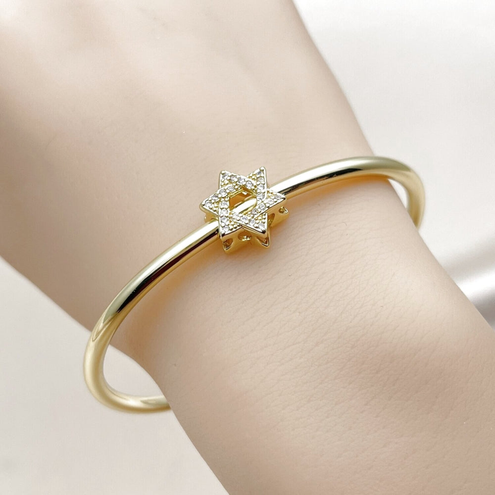 Oro Laminado Individual Bangle, Gold Filled Style Star of David Design, with White Micro Pave, Polished, Golden Finish