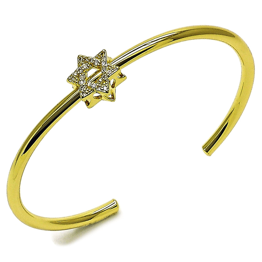 Oro Laminado Individual Bangle, Gold Filled Style Star of David Design, with White Micro Pave, Polished, Golden Finish