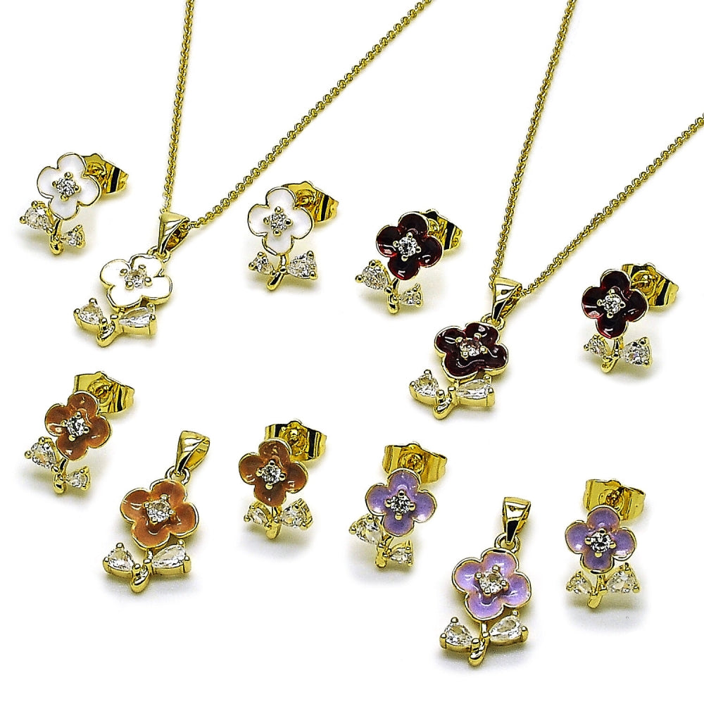 Oro Laminado Earring and Pendant Adult Set, Gold Filled Style Flower and Teardrop Design, with White Cubic Zirconia, Brown Enamel Finish, Golden Finish