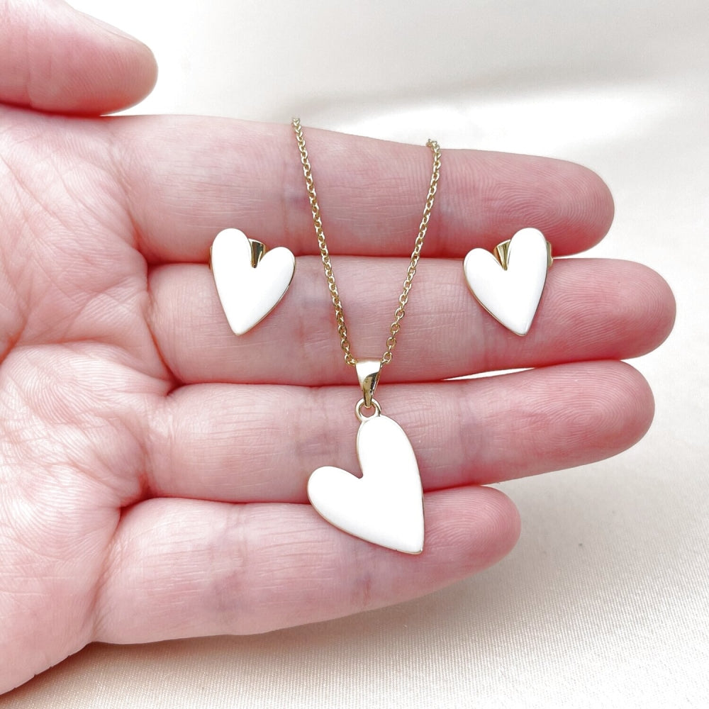 Oro Laminado Earring and Pendant Adult Set, Gold Filled Style Heart Design, White Enamel Finish, Golden Finish